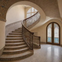 A detailed, interior view of Islamic-style stairs featuring ornate patterns, curved archways, and the elegant use of vibrant tiles