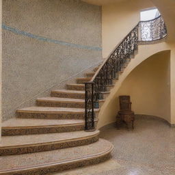 A detailed, interior view of Islamic-style stairs featuring ornate patterns, curved archways, and the elegant use of vibrant tiles