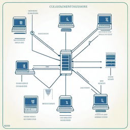 An informative digital illustration featuring a schematic representation of a computer network