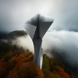 A stunning modernist architectural sculpture perched atop a rainy mountain peak, elevated above a sea of clouds. Embellish with elements of architectural photography.