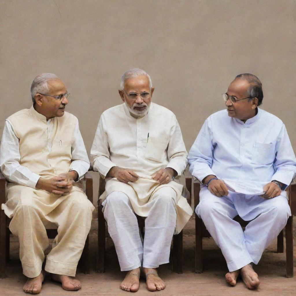 Gandhi, Modi and Ambedkar, influential figures in Indian politics and society, depicted together in discussion, symbolizing the progression of Indian leadership.