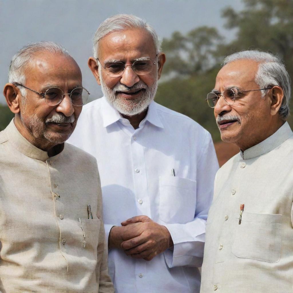 Gandhi, Modi and Ambedkar, influential figures in Indian politics and society, depicted together in discussion, symbolizing the progression of Indian leadership.