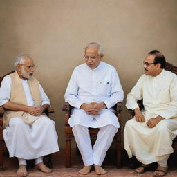 Gandhi, Modi and Ambedkar, influential figures in Indian politics and society, depicted together in discussion, symbolizing the progression of Indian leadership.