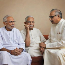 Gandhi, Modi and Ambedkar, influential figures in Indian politics and society, depicted together in discussion, symbolizing the progression of Indian leadership.