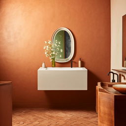 A sophisticated bathroom scene featuring a Venetian plaster wall, a stylish bathroom vanity, terracotta-tiled floors, a small jar filled with blooming flowers, and an organically shaped mirror.