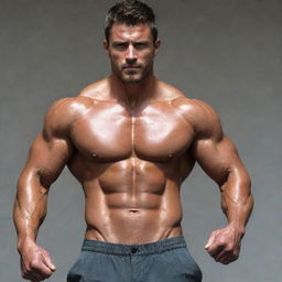 A figure embodying good physique and masculinity: well-built, strong muscles, broad shoulders and defined abs, exuding strength and ruggedness.