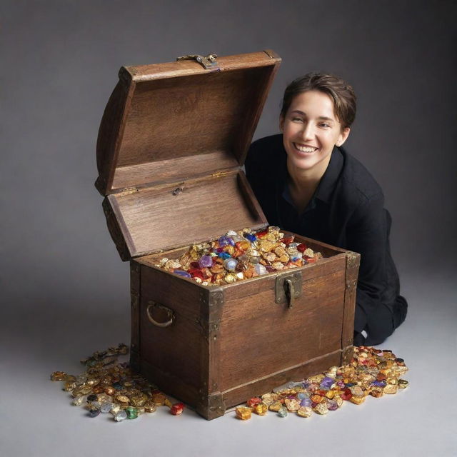 Conceptual representation of happiness and wealth. A person gleaming with pure joy on one side, on the other side a treasure chest filled with gold and gemstones.