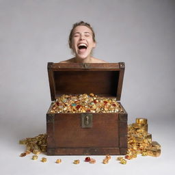 Conceptual representation of happiness and wealth. A person gleaming with pure joy on one side, on the other side a treasure chest filled with gold and gemstones.