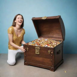 Conceptual representation of happiness and wealth. A person gleaming with pure joy on one side, on the other side a treasure chest filled with gold and gemstones.