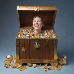 Conceptual representation of happiness and wealth. A person gleaming with pure joy on one side, on the other side a treasure chest filled with gold and gemstones.