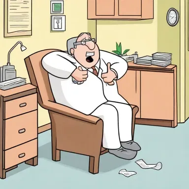 In the cartoon, the character comically fainted due to orthostatic hypotension upon getting up from a chair.
