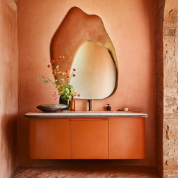 A sophisticated bathroom scene featuring a Venetian plaster wall, a stylish bathroom vanity, terracotta-tiled floors, a small jar filled with blooming flowers, and an organically shaped mirror.