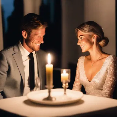 The couple sat at the candlelit table, their drinks resting on a coaster as they gazed into each other's eyes.