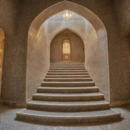 Stunning, modern Esfahan-style staircase, exceptionally wide, constructed with exquisite, light-reflecting materials showcasing intricate motifs and patterns