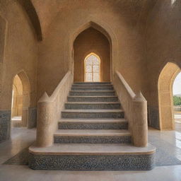 Stunning, modern Esfahan-style staircase, exceptionally wide, constructed with exquisite, light-reflecting materials showcasing intricate motifs and patterns