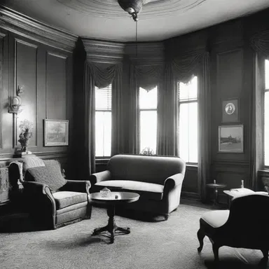 The interior of the gangster's lavish mansion featured a stylish corner where the gun moll would often relax and enjoy the view.