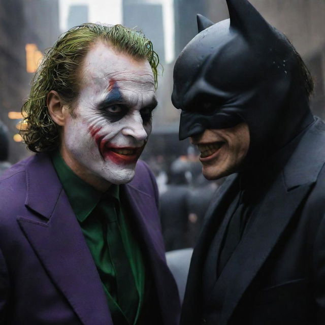 Intense face-off between the Joker, his face painted in his iconic grin, and Batman (Batsy), cloaked in his dark suit, in the midst of a chaotic Gotham City.