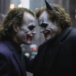 Intense face-off between the Joker, his face painted in his iconic grin, and Batman (Batsy), cloaked in his dark suit, in the midst of a chaotic Gotham City.