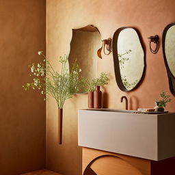 A sophisticated bathroom scene featuring a Venetian plaster wall, a stylish bathroom vanity, terracotta-tiled floors, a small jar filled with blooming flowers, and an organically shaped mirror.