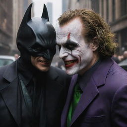 Intense face-off between the Joker, his face painted in his iconic grin, and Batman (Batsy), cloaked in his dark suit, in the midst of a chaotic Gotham City.