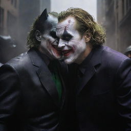 Intense face-off between the Joker, his face painted in his iconic grin, and Batman (Batsy), cloaked in his dark suit, in the midst of a chaotic Gotham City.