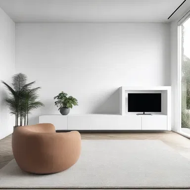 The minimalist living room was designed around a sleek and modern idiot box, seamlessly blending it into the overall aesthetic of the space.