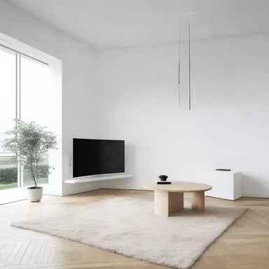 The minimalist living room was designed around a sleek and modern idiot box, seamlessly blending it into the overall aesthetic of the space.