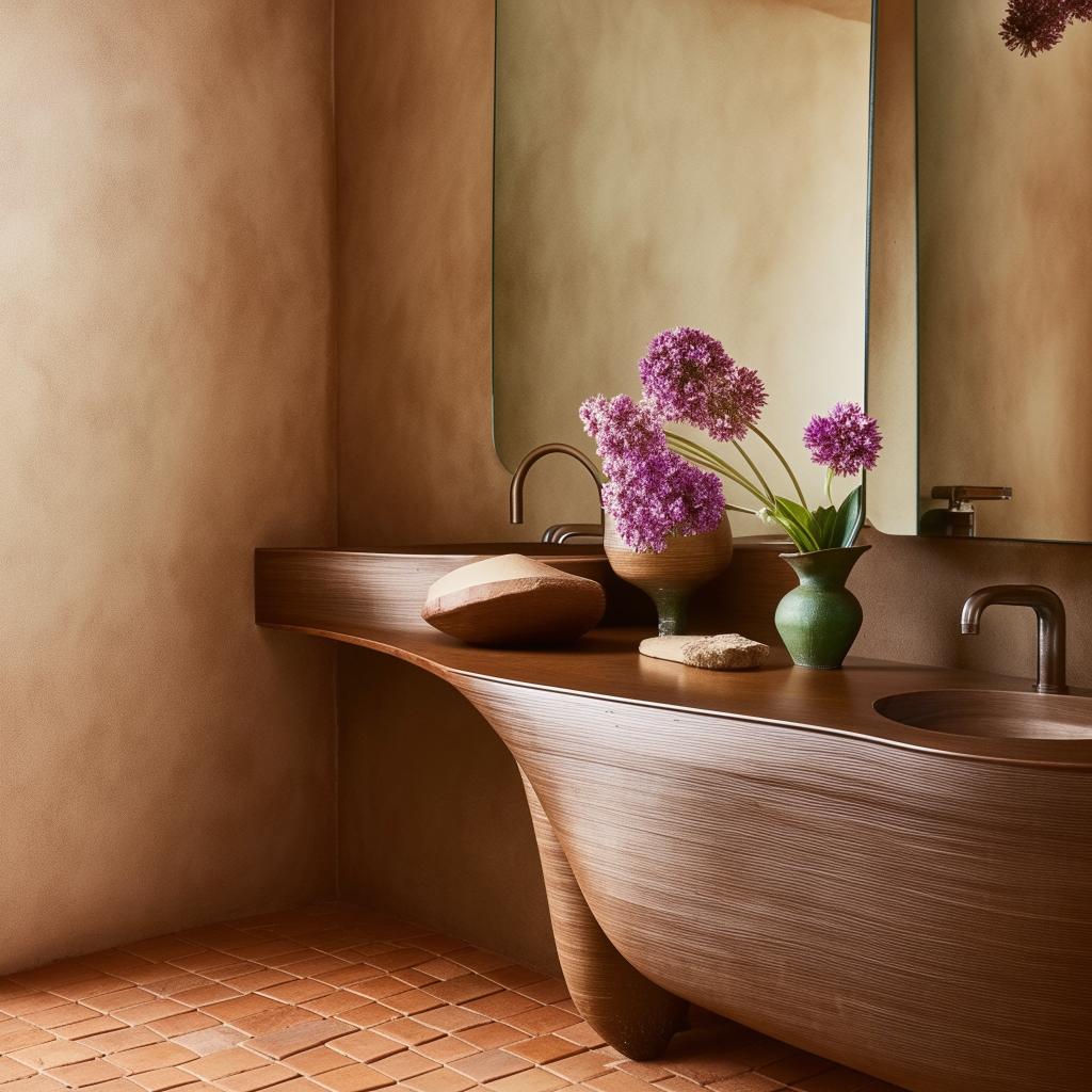 A sophisticated bathroom scene featuring a Venetian plaster wall, a stylish bathroom vanity, terracotta-tiled floors, a small jar filled with blooming flowers, and an organically shaped mirror.