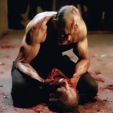 The horror movie depicted a gruesome scene in which the villain unleashed a brutal licking upon his victims.