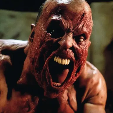 The horror movie depicted a gruesome scene in which the villain unleashed a brutal licking upon his victims.