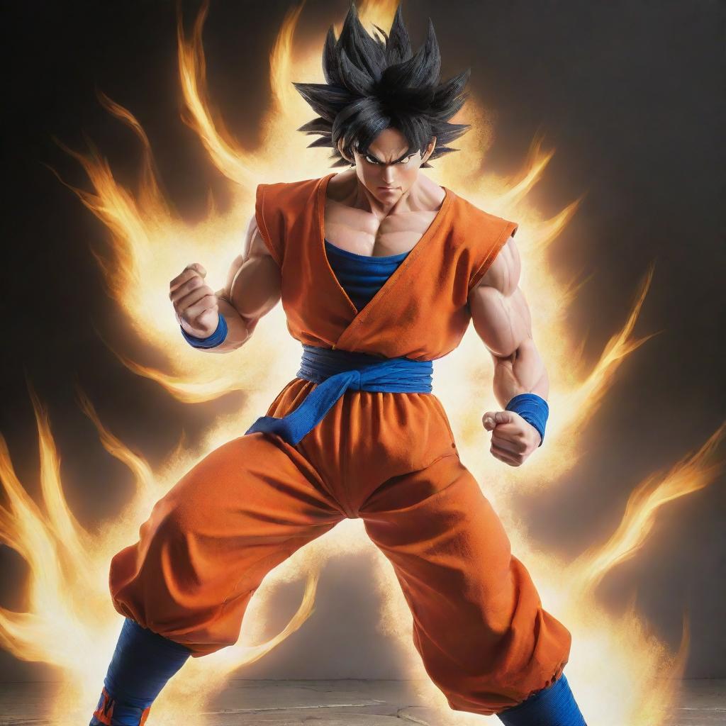 A dynamic image of Goku from Dragon Ball Z in a powerful combat stance, his vibrant orange jumpsuit and muscular physique are highlighted by a radiant aura of ki energy that creates an intense visual spectacle.