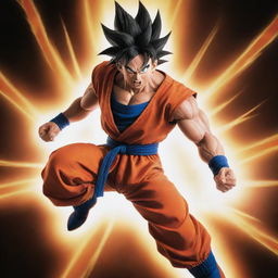 A dynamic image of Goku from Dragon Ball Z in a powerful combat stance, his vibrant orange jumpsuit and muscular physique are highlighted by a radiant aura of ki energy that creates an intense visual spectacle.