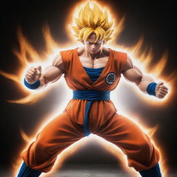 A dynamic image of Goku from Dragon Ball Z in a powerful combat stance, his vibrant orange jumpsuit and muscular physique are highlighted by a radiant aura of ki energy that creates an intense visual spectacle.