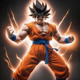 A dynamic image of Goku from Dragon Ball Z in a powerful combat stance, his vibrant orange jumpsuit and muscular physique are highlighted by a radiant aura of ki energy that creates an intense visual spectacle.