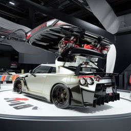 A Nissan GTR Nismo with dramatically oversized spoiler and wheels, enhanced by massive turbochargers.