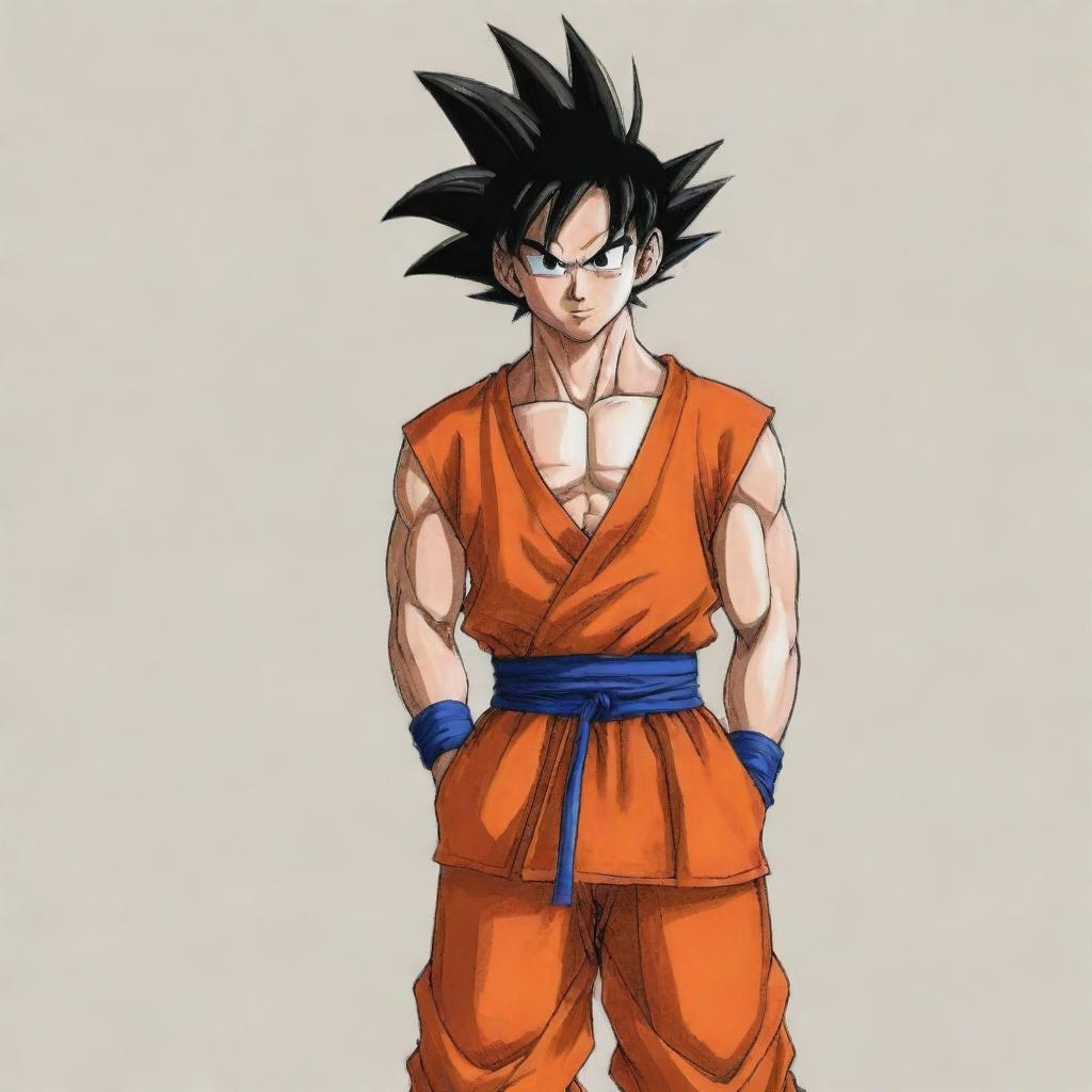 Sketch Goku from Dragon Ball Z in traditional Indian attire. His regular vibrant orange jumpsuit is replaced with a colorful kurta and dhoti, while his distinct hairstyle remains the same, creating a unique fusion of cultures.