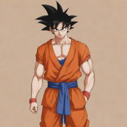 Sketch Goku from Dragon Ball Z in traditional Indian attire. His regular vibrant orange jumpsuit is replaced with a colorful kurta and dhoti, while his distinct hairstyle remains the same, creating a unique fusion of cultures.