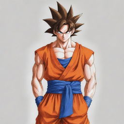 Sketch Goku from Dragon Ball Z in traditional Indian attire. His regular vibrant orange jumpsuit is replaced with a colorful kurta and dhoti, while his distinct hairstyle remains the same, creating a unique fusion of cultures.