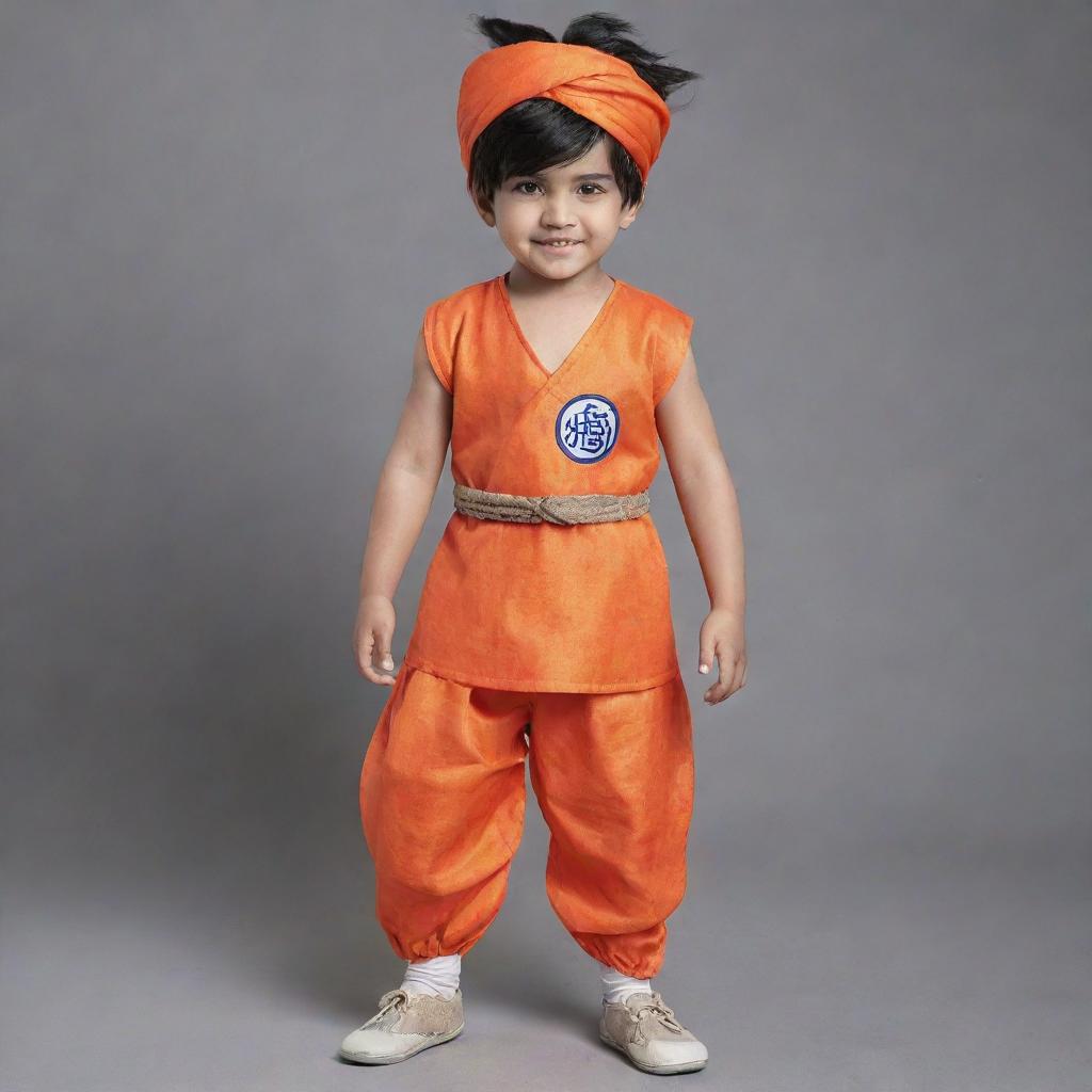 Illuminate Goku from Dragon Ball Z in Punjabi apparel. Switch out his habitual orange jumpsuit for an embroidered kurta-pajama, and have him sport a vibrant turban, while maintaining his iconic spiky hairstyle.