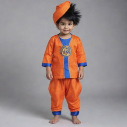 Illuminate Goku from Dragon Ball Z in Punjabi apparel. Switch out his habitual orange jumpsuit for an embroidered kurta-pajama, and have him sport a vibrant turban, while maintaining his iconic spiky hairstyle.