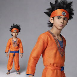 Illuminate Goku from Dragon Ball Z in Punjabi apparel. Switch out his habitual orange jumpsuit for an embroidered kurta-pajama, and have him sport a vibrant turban, while maintaining his iconic spiky hairstyle.