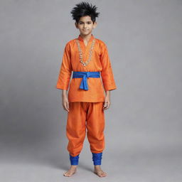 Illuminate Goku from Dragon Ball Z in Punjabi apparel. Switch out his habitual orange jumpsuit for an embroidered kurta-pajama, and have him sport a vibrant turban, while maintaining his iconic spiky hairstyle.