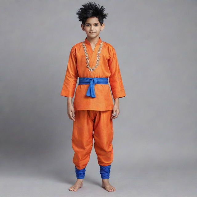 Illuminate Goku from Dragon Ball Z in Punjabi apparel. Switch out his habitual orange jumpsuit for an embroidered kurta-pajama, and have him sport a vibrant turban, while maintaining his iconic spiky hairstyle.