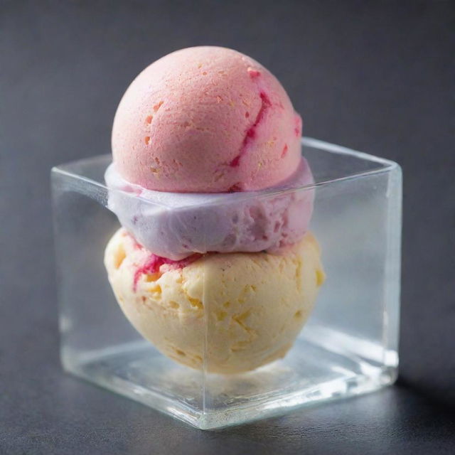 A perfectly frozen ice cream nestled within a transparent, glistening ice cube. The ice cream swirl has vibrant colors against the crisp, clear ice cube, accentuating the chilled dessert's appeal.