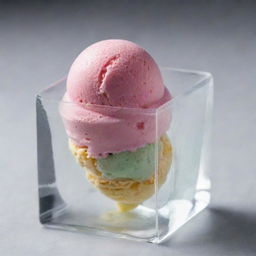 A perfectly frozen ice cream nestled within a transparent, glistening ice cube. The ice cream swirl has vibrant colors against the crisp, clear ice cube, accentuating the chilled dessert's appeal.