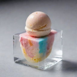 A perfectly frozen ice cream nestled within a transparent, glistening ice cube. The ice cream swirl has vibrant colors against the crisp, clear ice cube, accentuating the chilled dessert's appeal.