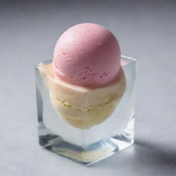 A perfectly frozen ice cream nestled within a transparent, glistening ice cube. The ice cream swirl has vibrant colors against the crisp, clear ice cube, accentuating the chilled dessert's appeal.