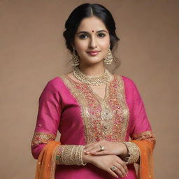 Visualize a woman named Anupama dressed as a Punjabi woman. She is wearing a vividly colored salwar kameez with intricate embroidery, accessorized with jhumka earrings and bangles. She is exuding the essence of Punjabi culture.