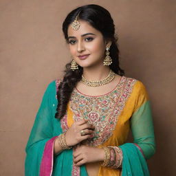 Visualize a woman named Anupama dressed as a Punjabi woman. She is wearing a vividly colored salwar kameez with intricate embroidery, accessorized with jhumka earrings and bangles. She is exuding the essence of Punjabi culture.