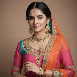 Visualize a woman named Anupama dressed as a Punjabi woman. She is wearing a vividly colored salwar kameez with intricate embroidery, accessorized with jhumka earrings and bangles. She is exuding the essence of Punjabi culture.